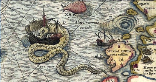 Archaic map featuring islands, monsters, and giant fish