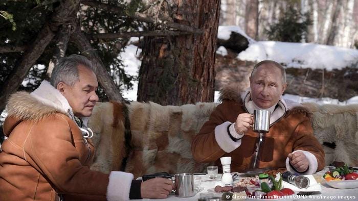 Russian President Vladimir Putin during a weekend trip to the Russian Siberian taiga forest with Defense Minister Sergei Shoigu (Alexei Druzhinin/Kremlin/ZUMA Wire/imago images)