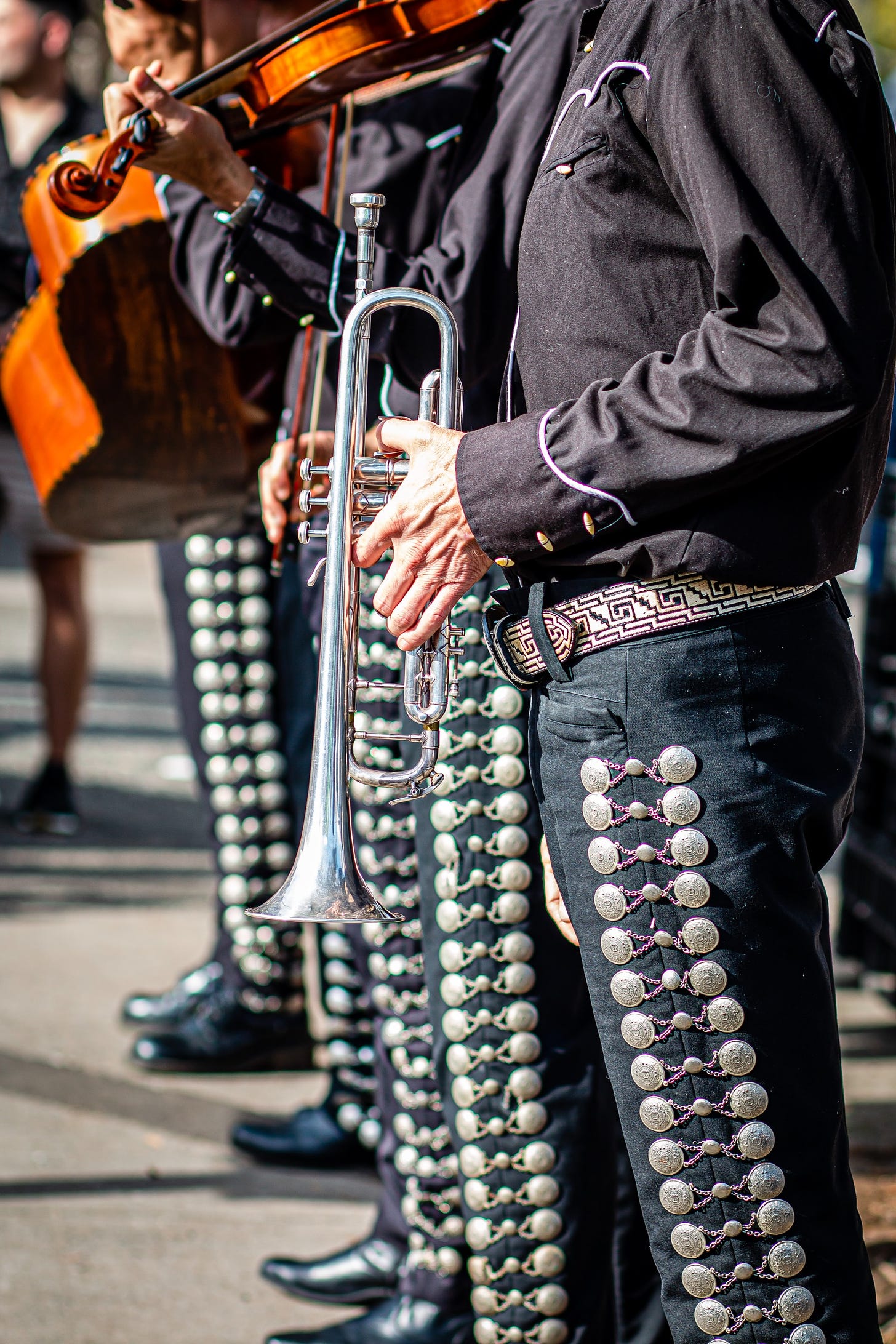 Side view of Mariachi musicians featuring silver buttons up the outer seams of the trouser legs