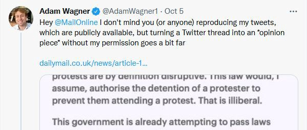 “Hey @MailOnline I don’t mind you (or anyone) reproducing my tweets, which are publicly available, but turning a Twitter thread into an *opinion piece* without my permission goes a bit far” — very magnanimous of you Mr Wagner, but I definitely would mind. Aggressively.