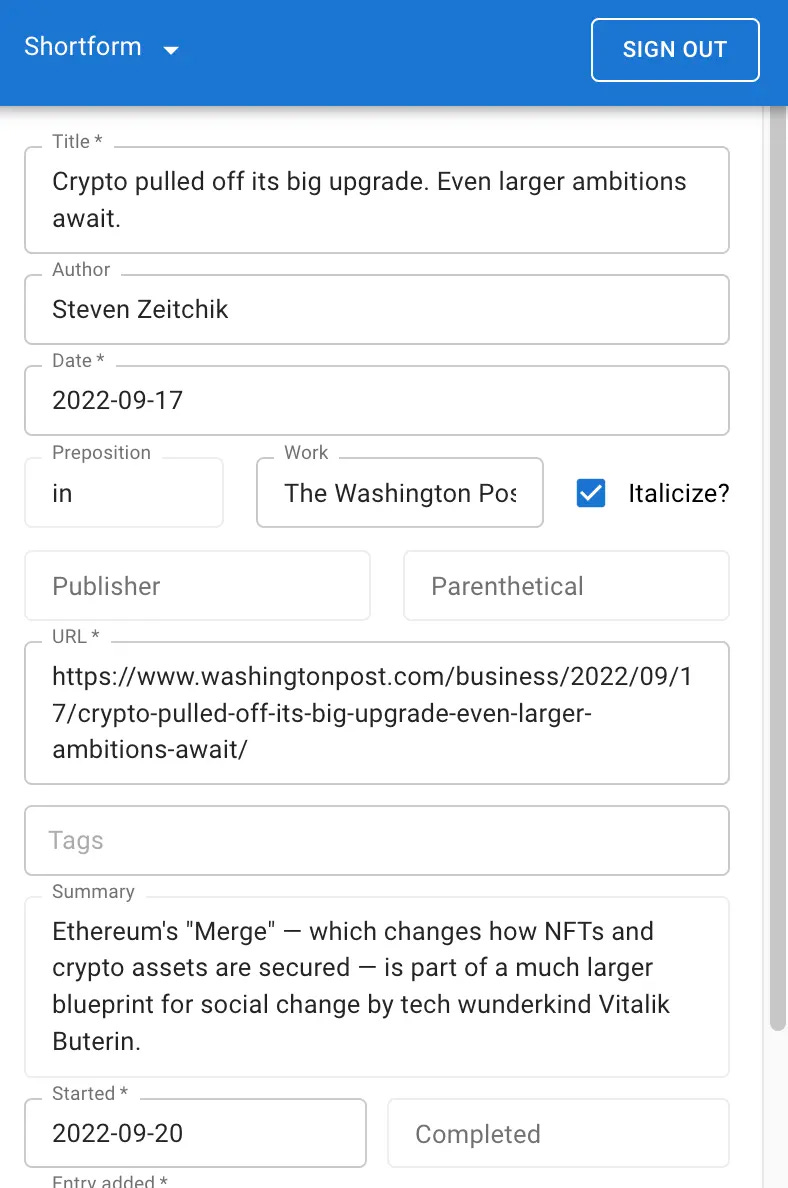 Chrome extension panel showing a form which contains fields like 'Title', 'Author', 'Date' and is filled in with details from a news article