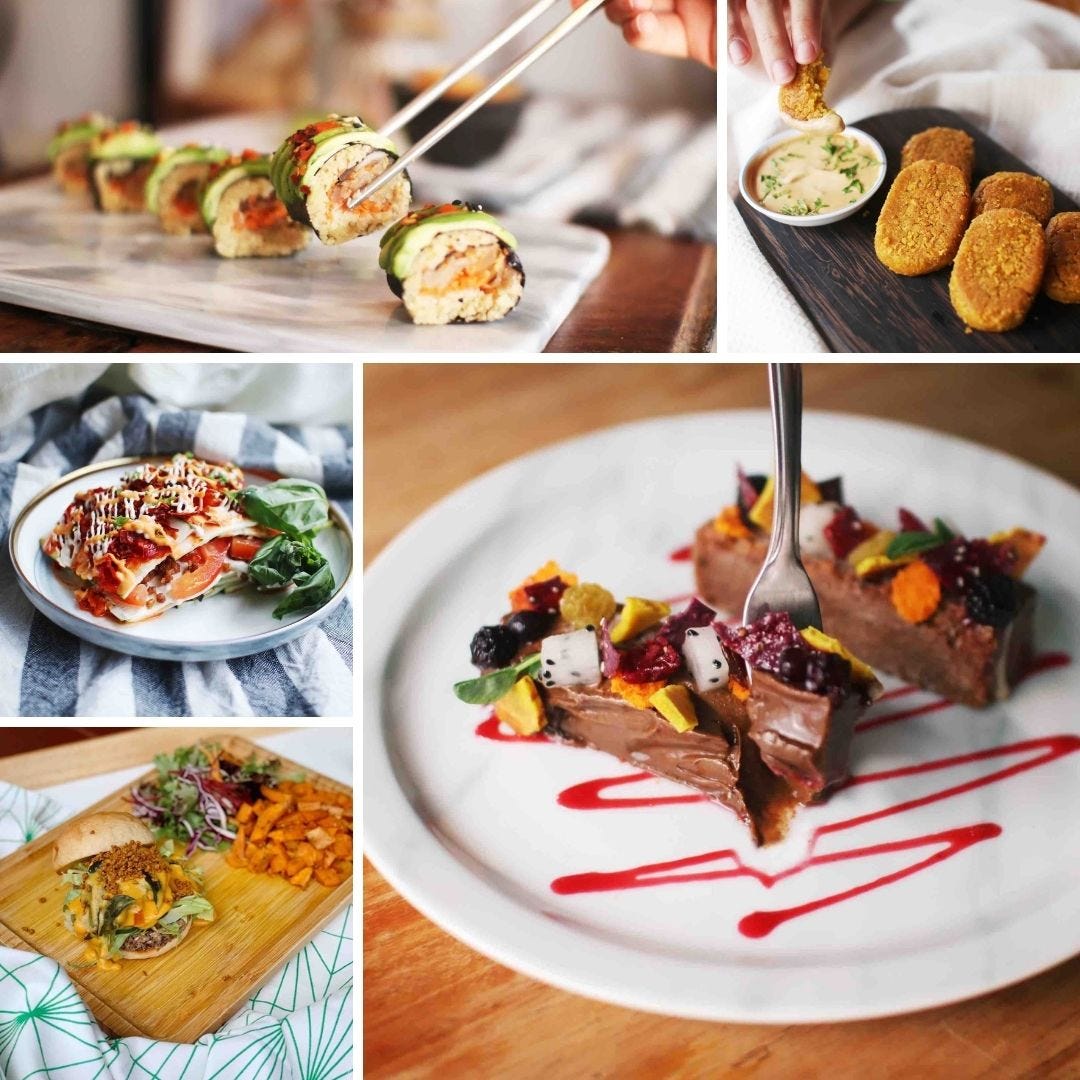 Afterglow Kimchi Avo Rolls, Lentil Flaxseed Nuggets, Raw Crispy Lasagne, Salted Eggless Yolk Burger, and Raw Chocolate Salted Caramel Fudge