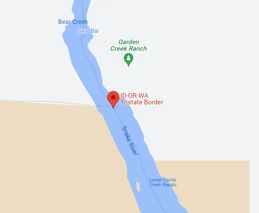 The Idaho-Oregon-Washington tripoint on Google Maps. It's in the middle of the Snake River.