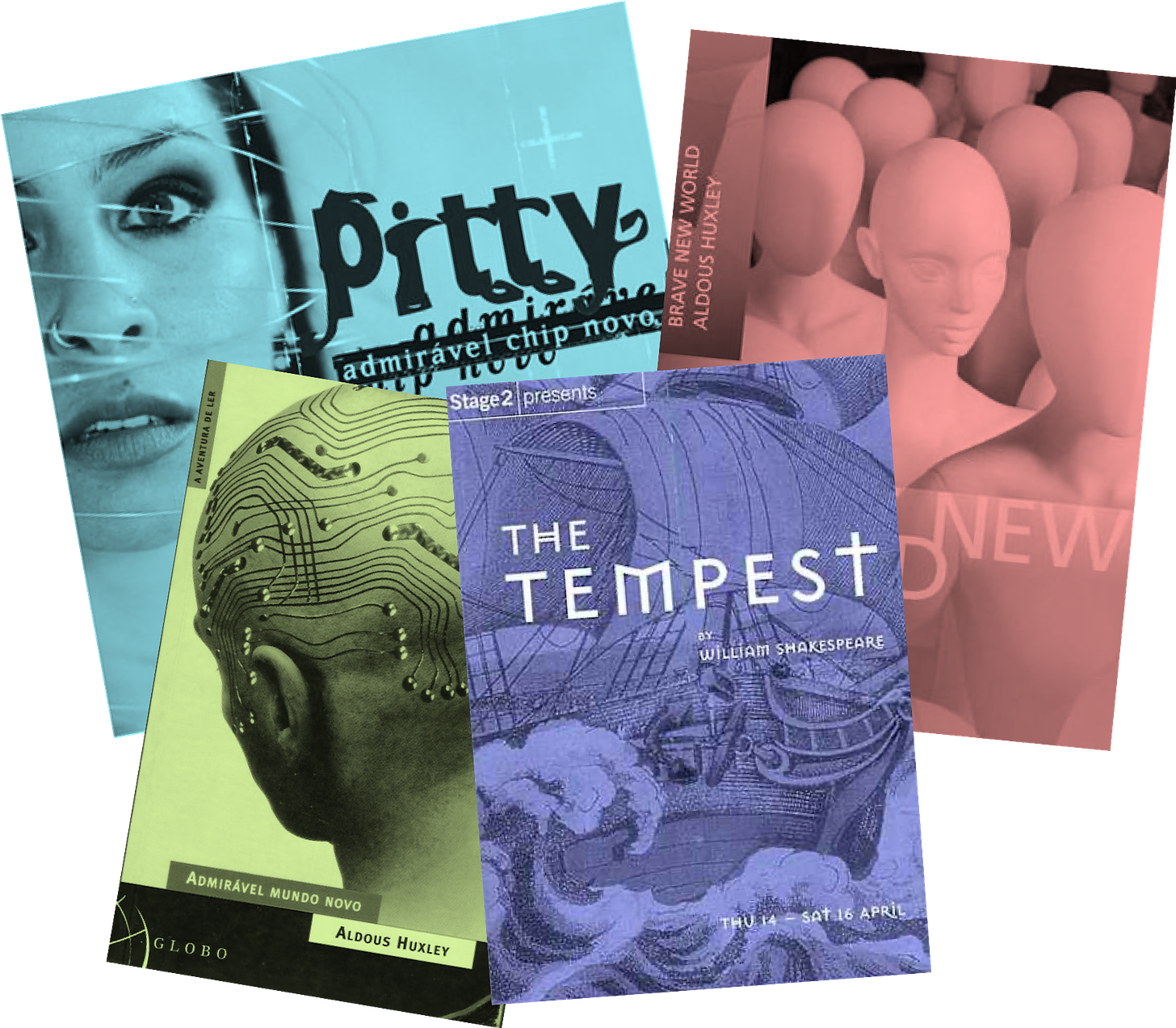 Colagem de fotos do álbum “Admirável Chip Novo”, dos livros “Brave new world” e “Admirável Mundo Novo” e da peça “The Tempest”.