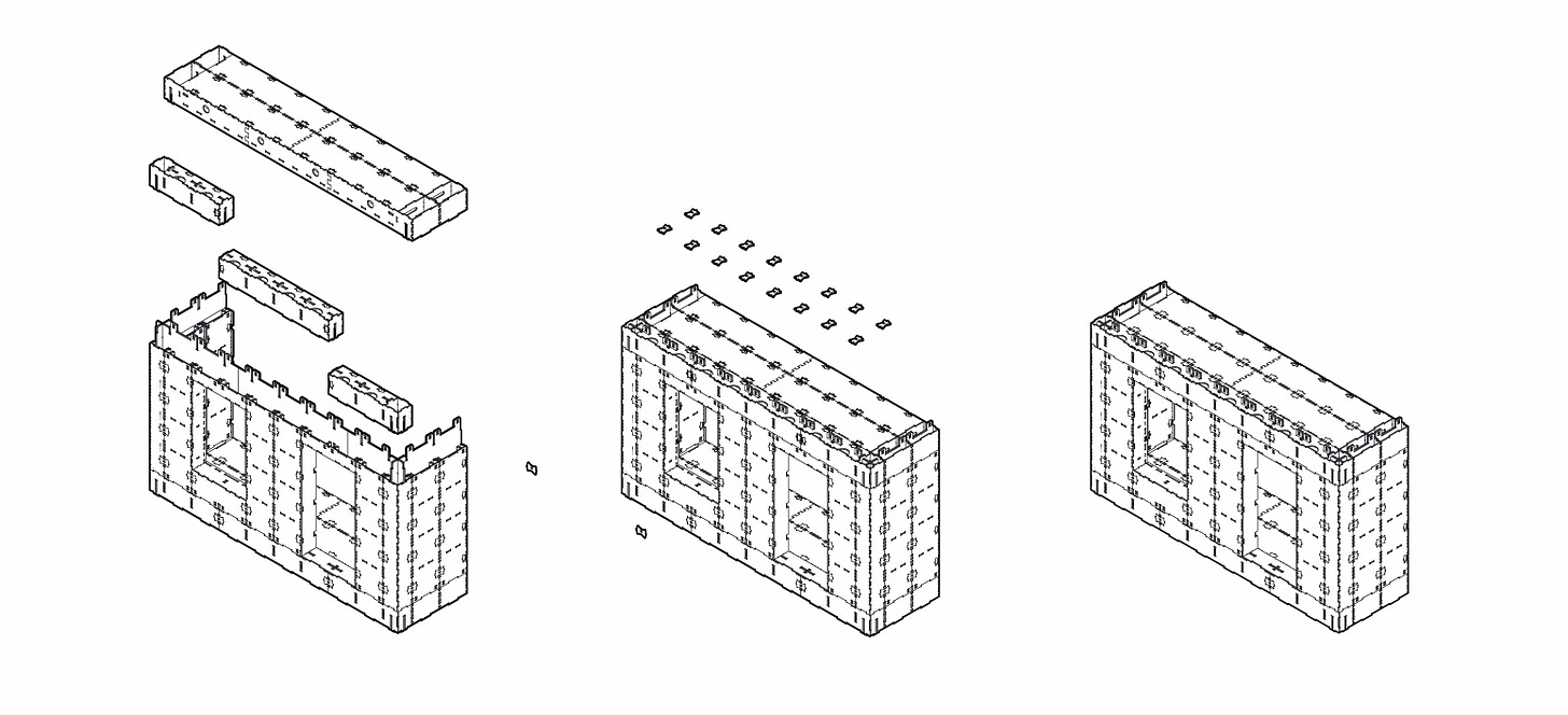 3 drawings of a model WikiHouse structure.  The structure has 3 walls, a floor and a roof. The 3 images show the sequence of the structure being built.