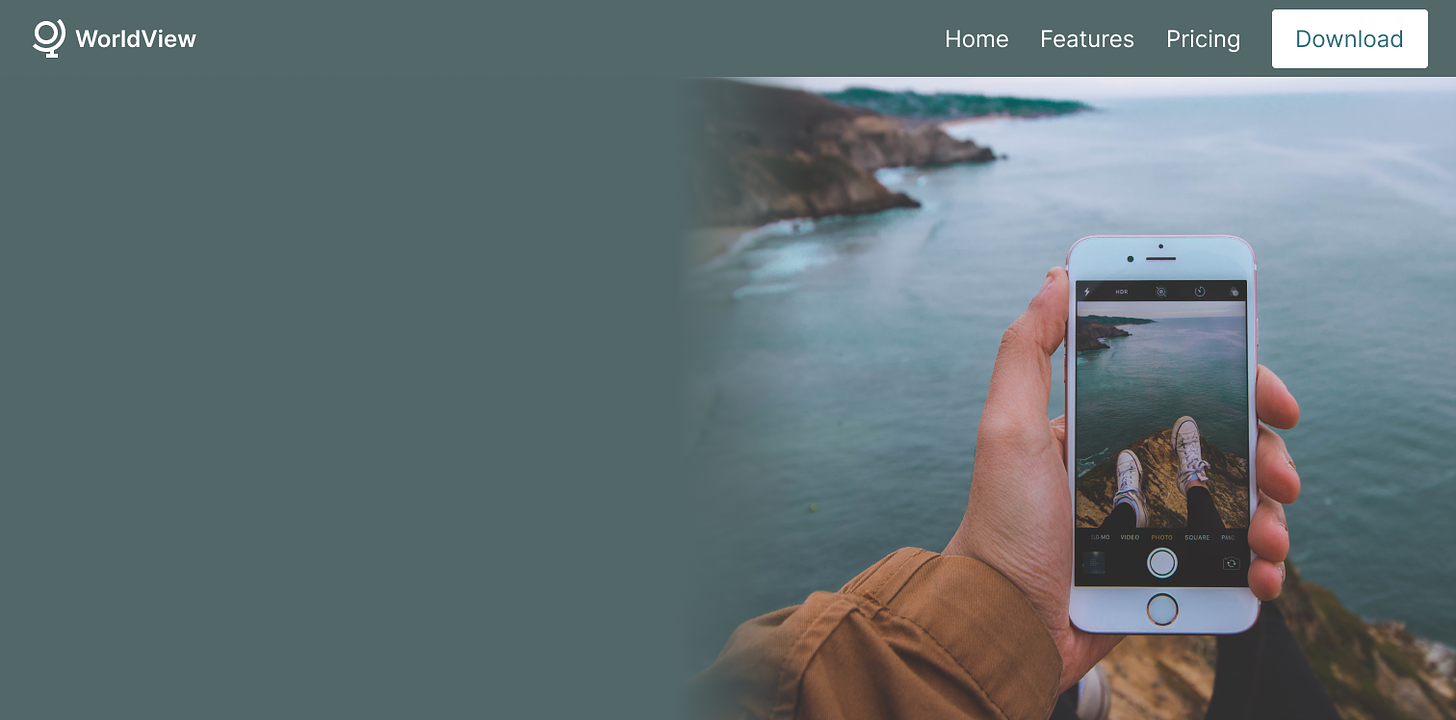 A fake website header for a company called "WorldView", with a photo of someone holding a phone while sitting on a cliff, taking a photo of their shoes.  The left part of the image is covered with a green-grey gradient to hide the sharp edge where the photo ends.