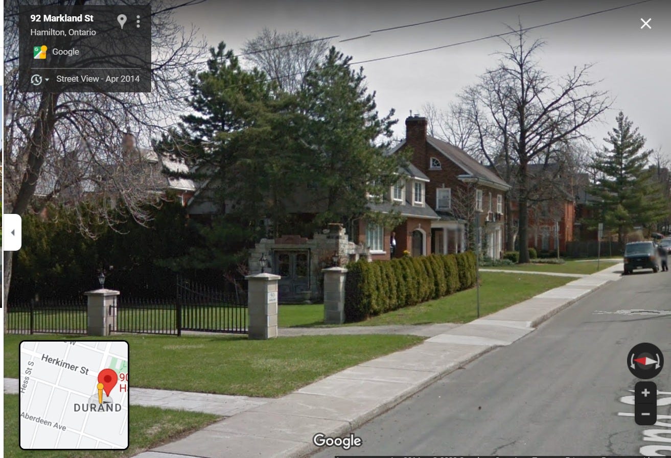 May be an image of tree, road, grass and text that says '92 Markland St Hamilton, Ontario Google Street View Apr 2014 Herkimer HerkimerSt St 9 H DURAND Aberdeen Ave Google'