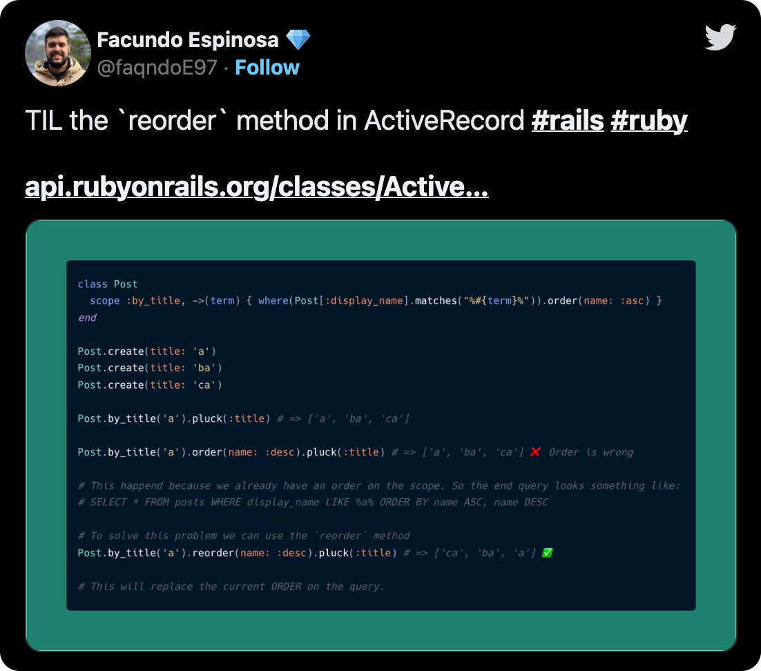 TIL the `reorder` method in ActiveRecord #rails #ruby