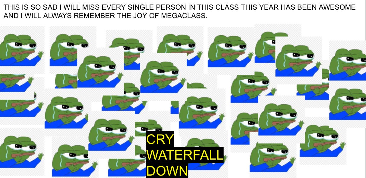 A hand-made meme that reads "This is so sad I will miss every single person in this class this year has been the best I will always remember the joy of megaclass.