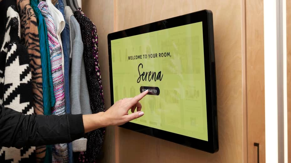 In the fitting rooms, Amazon has added touchscreen displays, which shoppers can use to rate items or request different styles or sizes to be delivered to their fitting room.