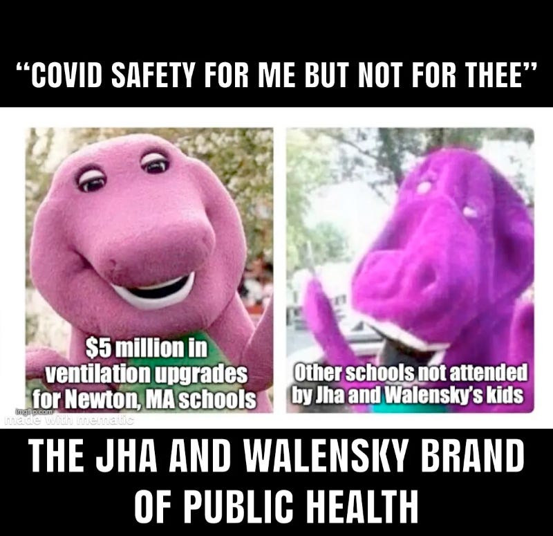 Top of image says safety for me but not for thee. shows 2 pictures of Barney the purple character the one on the left is a proper Barney and has the caption 5 million in ventilation upgrades for Newton Massachusetts schools. the picture on the right is a knock off fake and saggy version of a purple character and the caption says other schools not attended by Jha and Walensky's kids. the bottom has the words The Jha and Walensky Brand of public health. by @Annalisa840917