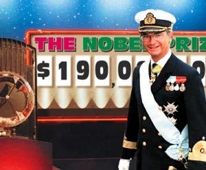Photo of King Carl XVI Gustaf and the Nobel jackpot.