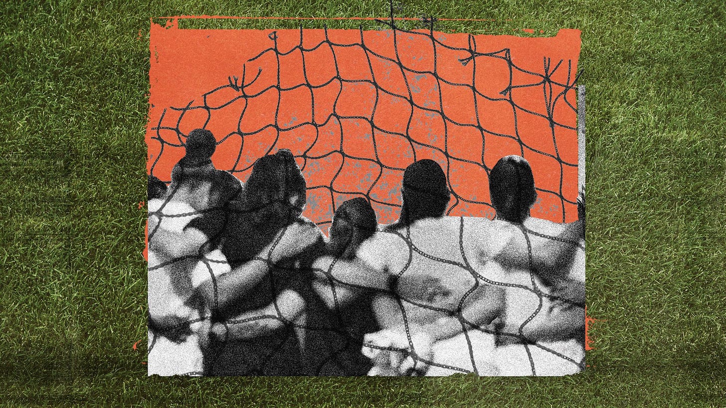 Photo illustration of an abstract collage of turf, a soccer net and a team of female athletes with arms around one another.