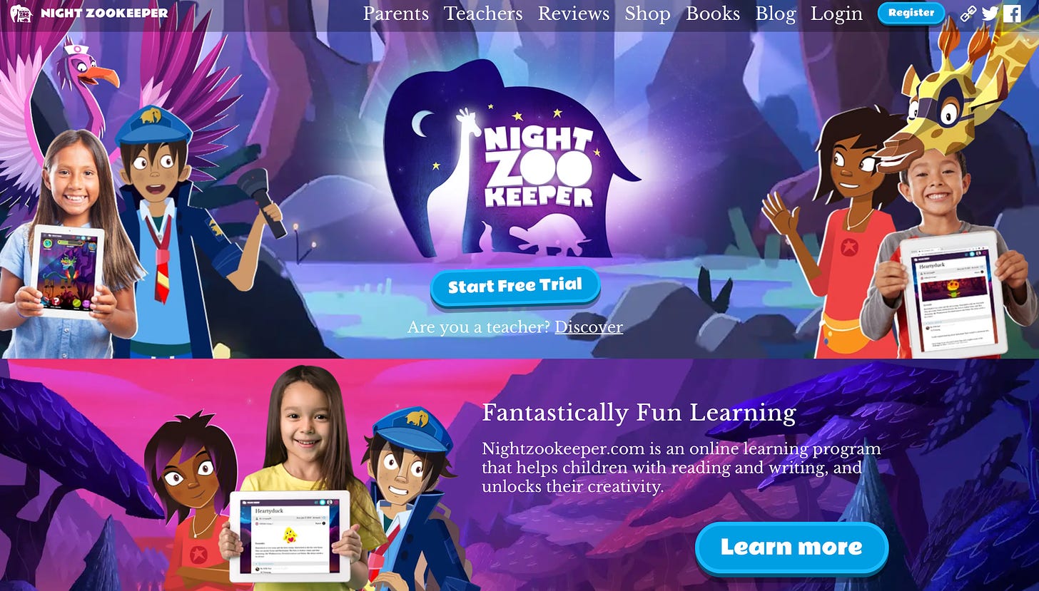 Homepage of homeschooling enrichment writing program Night Zookeeper