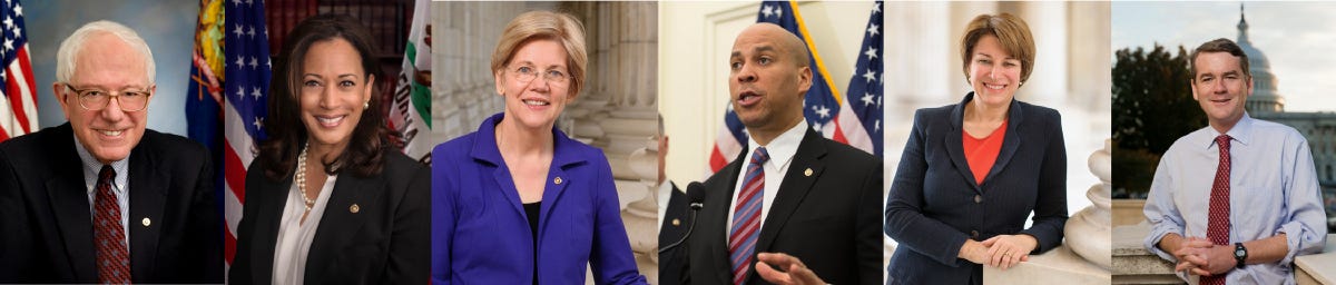 Portraits of Bernie Sanders, Kamala Harris, Elizabeth Warren, Cory Booker, Amy Klobuchar, and Michael Bennet.