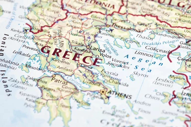 Close up map of Greece.