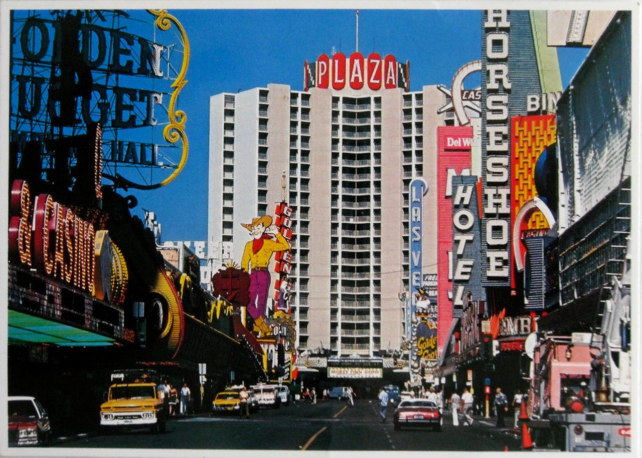 Downtown Vegas, 1977
Far right: work being done on Fremont Hotel sign – here’s the end result. Photo by John Wagner Jr.