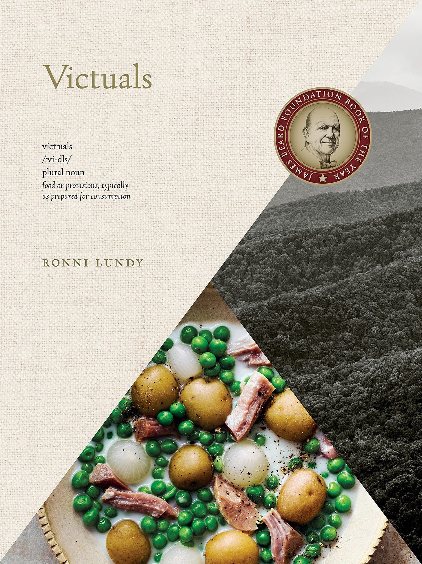 Cover image of Victtuals by Ronni Lundy features a photo of a plate of ham, peans and potatoes and a photo of the Appalachian forested mountain foothills. 