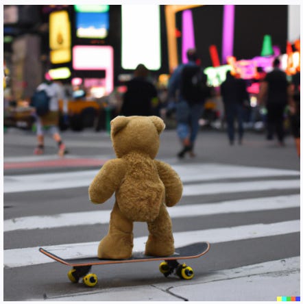 DALL•E image “A photo of a teddy bear on a skateboard in Times Square.”