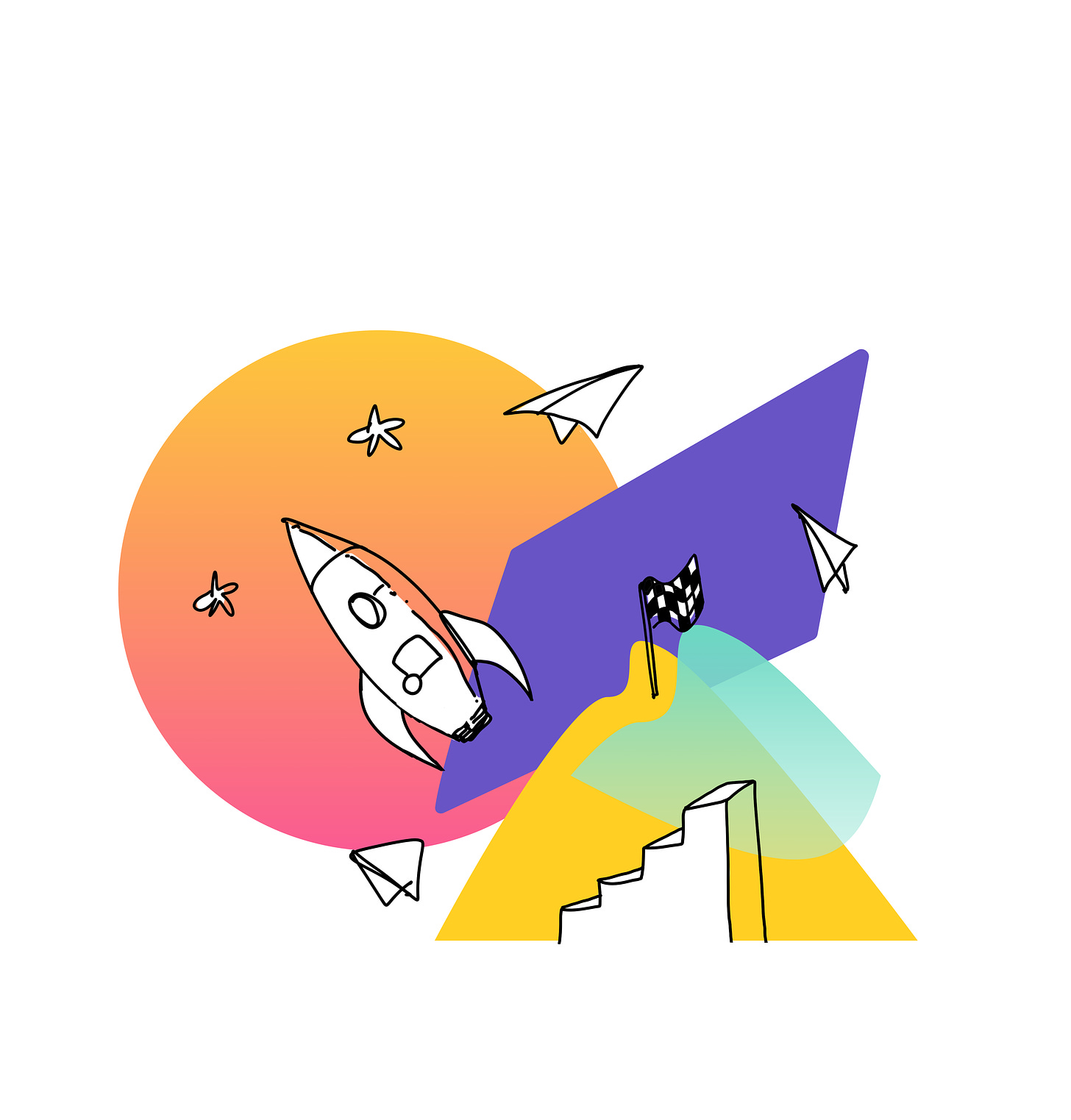 a pop art style illustratoin of a rocket, a mountain, and some paper planes.