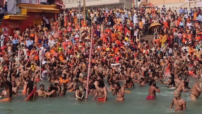 Crowds gather for the shahi snaan during the Kumbh Mela at Haridwar Wednesday | Simrin Sirur | ThePrint