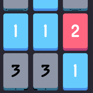 An animation of close-ups of screenshots in Threes where 1 and 2 come together to make three. The background is black and gray with a red and blue blocks, in the “night mode” setting.