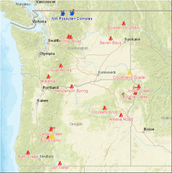 Wildfires burning in Oregon and Washington.
