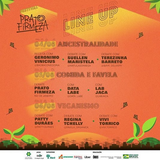 Imagem em laranja, amarelo e verde mostra programação completa do Festival Prato Firmeza, que acontece entre os dias 04 e 06 de agosto de 2021.