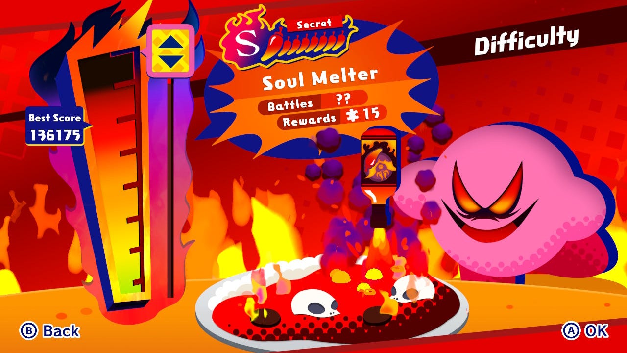 A screenshot of Kirby pouring hot sauce on a meal