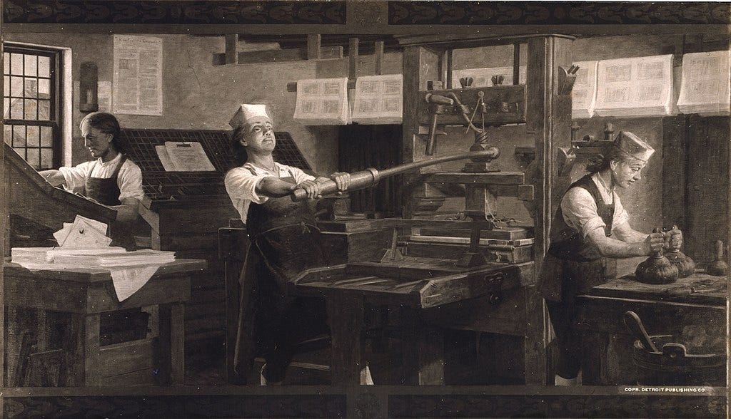 Benjamin Franklin working at the printer