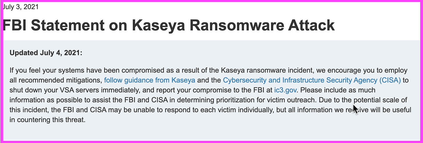 FBI Statement on Kaseya Ransomware Attack