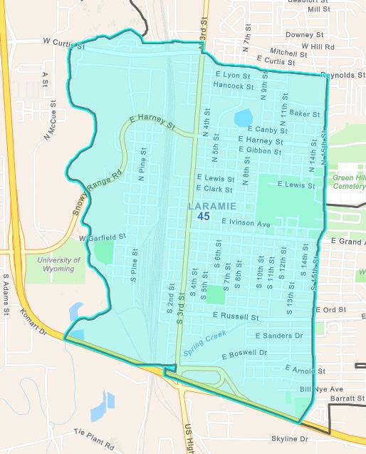 House District 45 is shaded blue on a map of Laramie.