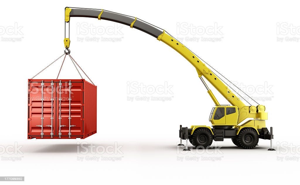 An illinstration of a crane lifting a shipping container. An illinstration of a crane lifting a shipping container.