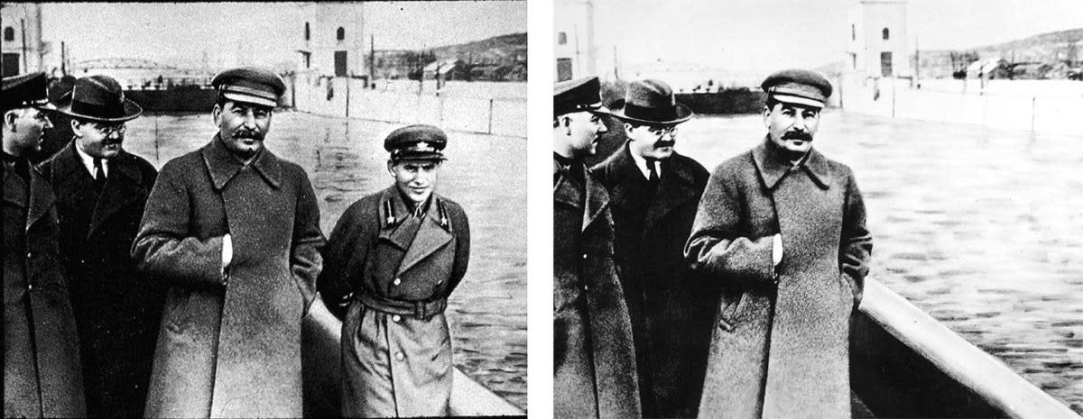 Nikolai Yezhov, pictured right of Stalin, was later removed from this photograph at the Moscow Canal. (Credit: Fine Art Images/Heritage Images/Getty Images & AFP/GettyImages)