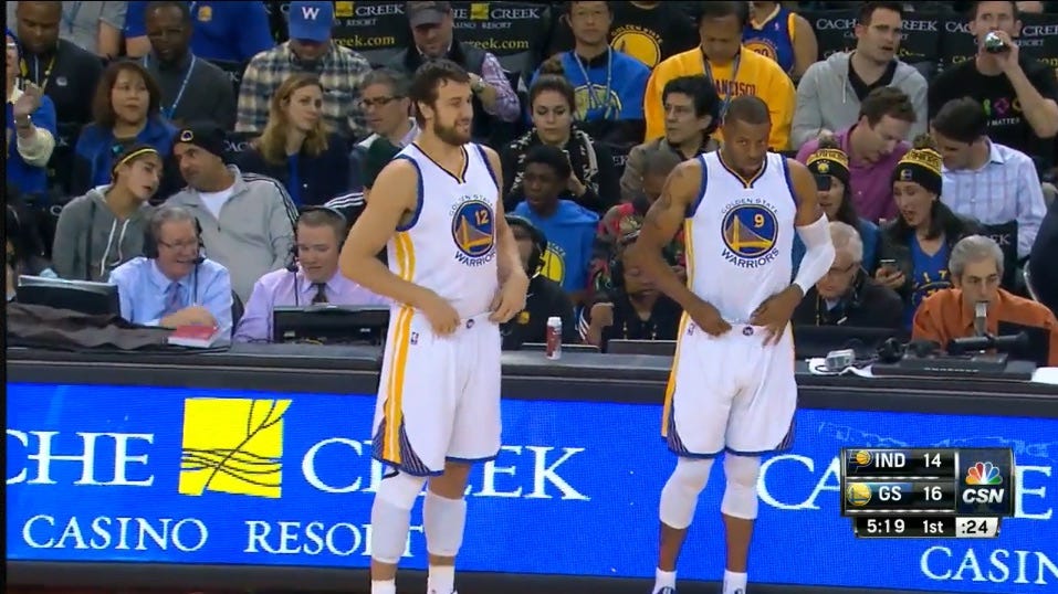 Andrew Bogut and Andre Iguodala checks into the game against Indiana