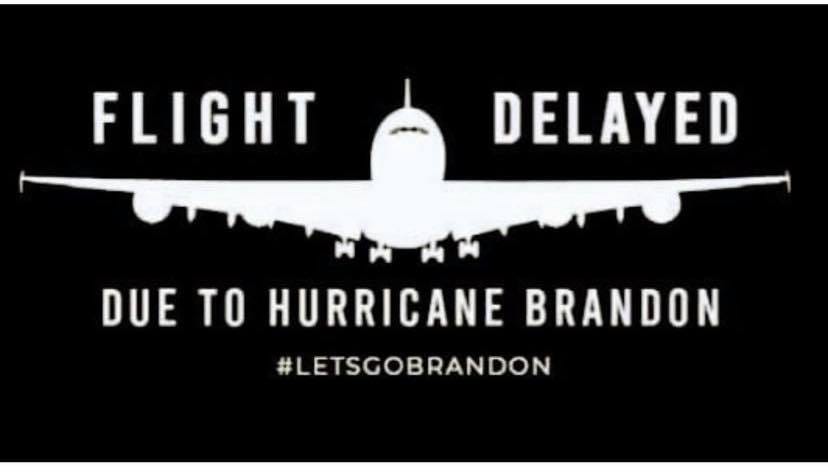 May be an image of text that says 'FLIGHT DELAYED DUE TO HURRICANE BRANDON #LETSGOBRANDON'