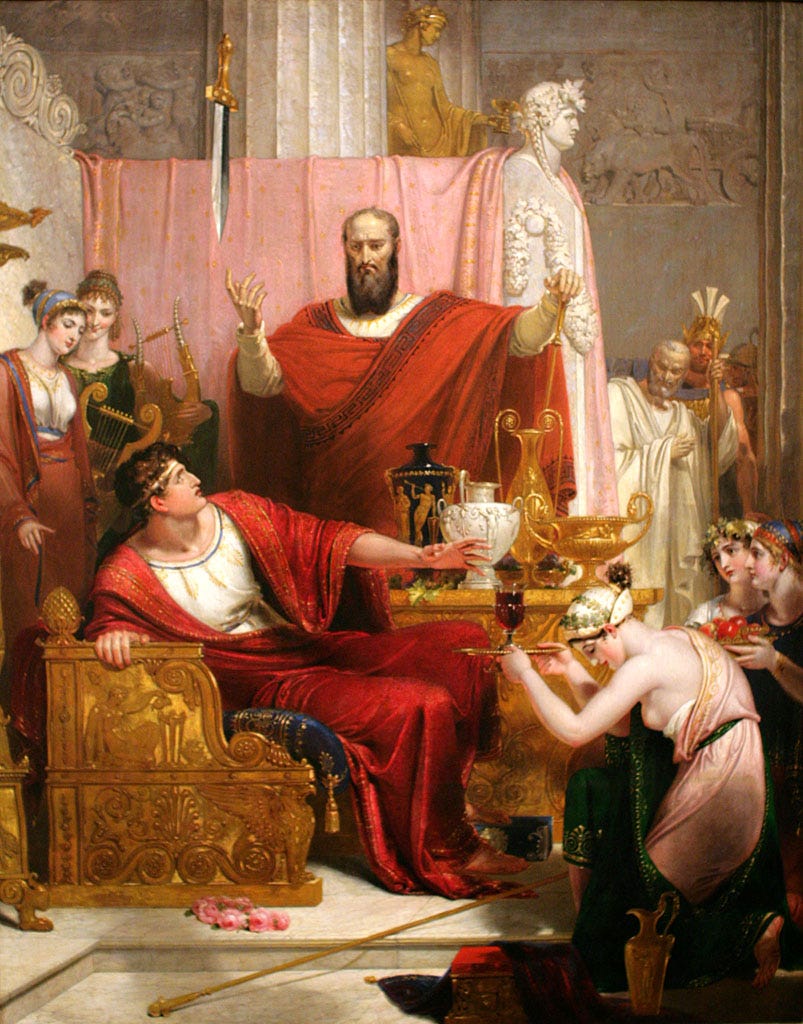 Damocles sits on a throne, looking apprehensively at a sword suspended above him. Dionysius is standing next to him and gestures at the sword. The two men are surrounded by servants, courtiers, and guards.