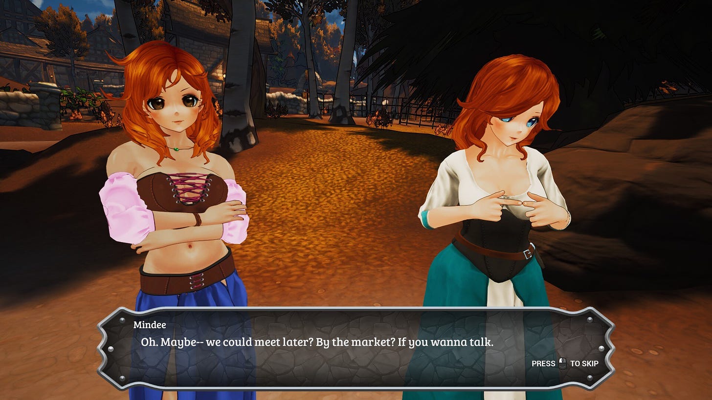 Mindee shyly asks the protagonist for a date while her twin sister stands next to her