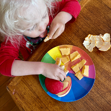 A photo animation of a blonde toddler in a red shirt sitting at a table with a rainbow plate filled with red apple slices, orange chunks of cheese, and orange slices, continuously feeding himself on loop. 