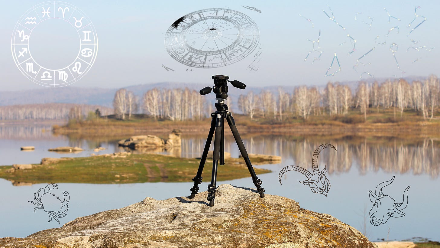The image shows a tripod surrounded by mountrain ranges. It's written - For a Complete Horoscope Analysis" and "The Tripod Concept". This image appears in the article written by Anish Prasad at rationalastro.org