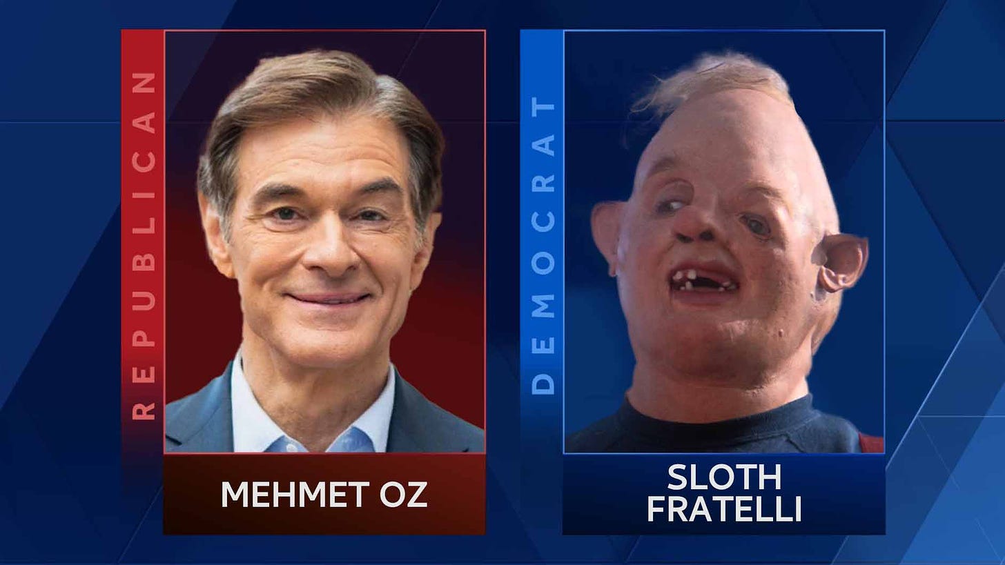 Dr. Mehmet Oz the Republican candidate faces off with Lotney “Sloth” Fratelli a Democrat, in a heated Senate debate Tuesday night.