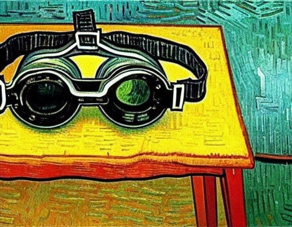 AI-generated image based on prompt: Still life of shiny VR goggles on a glass table by Vince Van Gogh