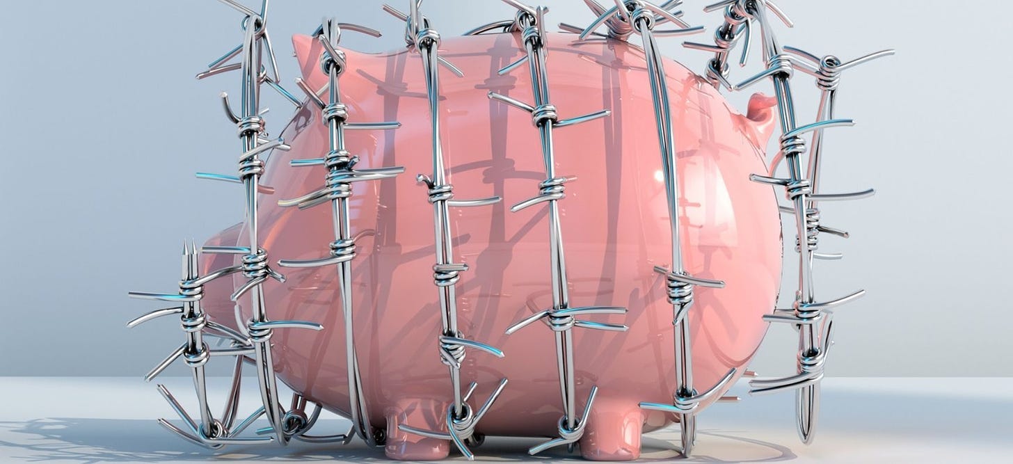 A piggy bank in barbed wire