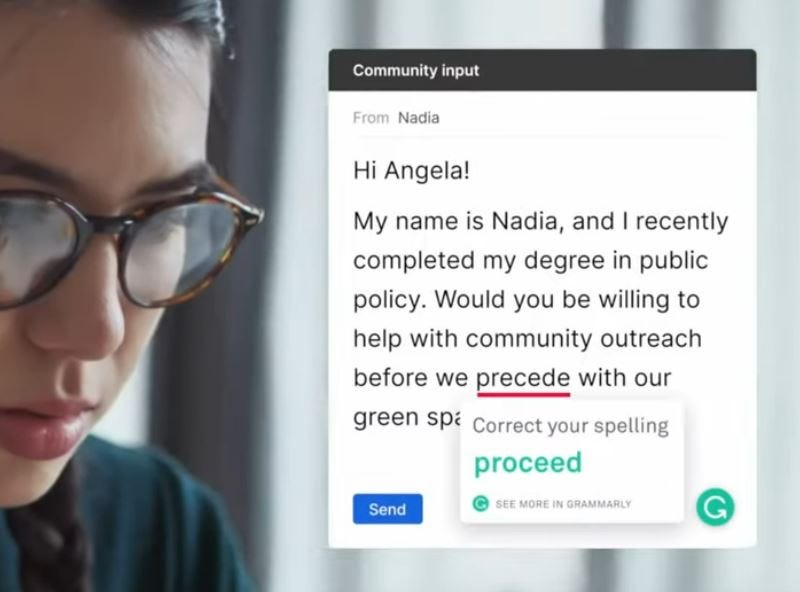 Nadia emails someone and mixes up ‘precede’ and ‘proceed’. Unfortunately, she’s already name-dropped her degree, so I have less sympathy.