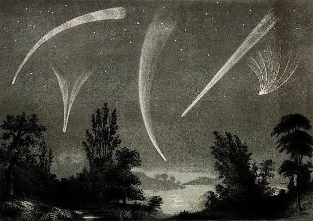 grainy grayscale painting of 5 comets across a night sky with the silhouettes of many trees in the foreground