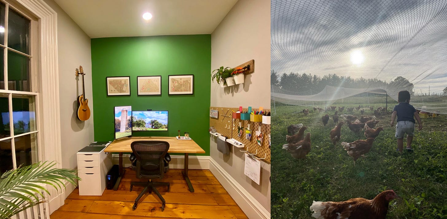 Left: my indoor office and desk and computer setup, Right: my outdoor office (slightly more 💩), a chicken farm