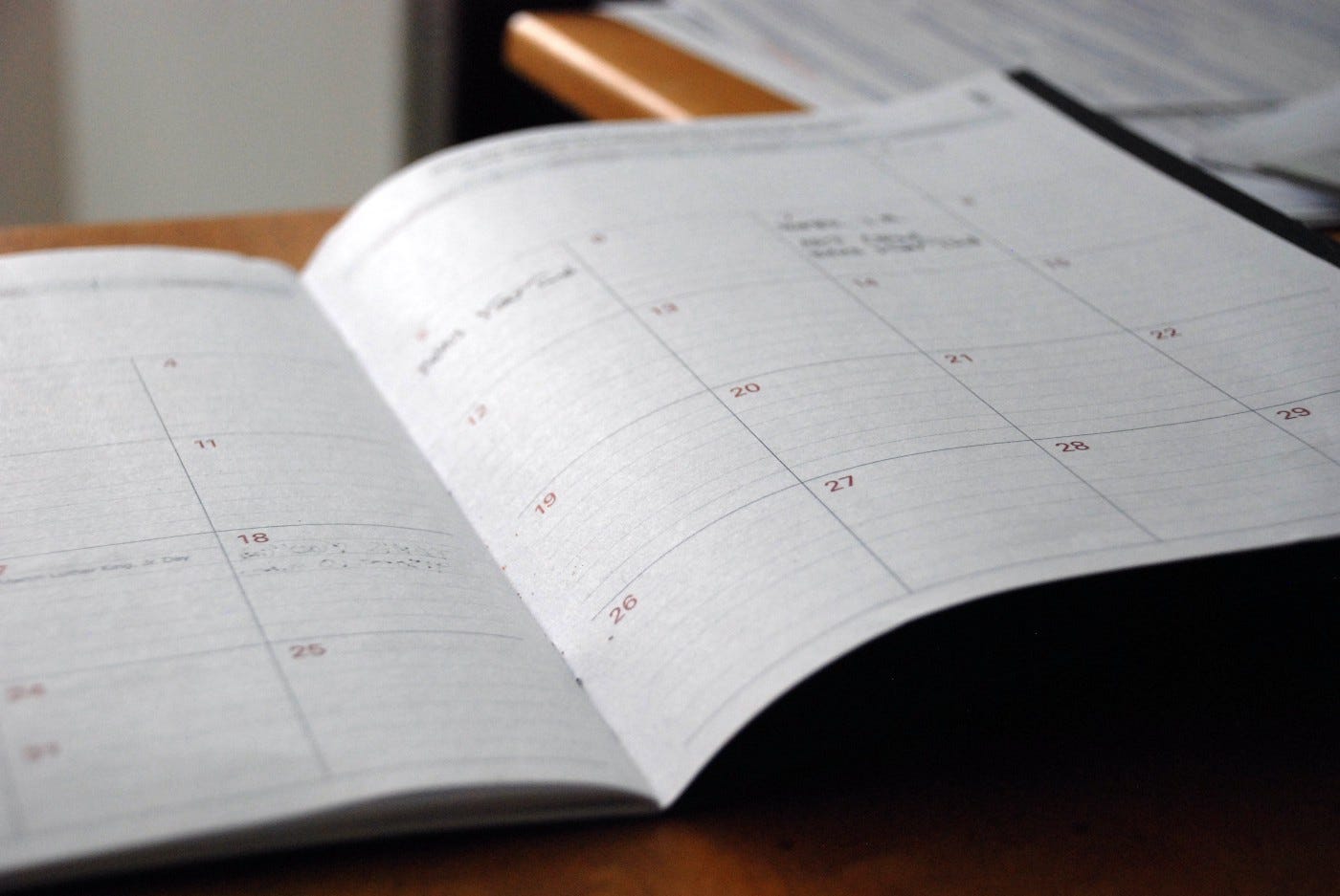 A photograph of a monthly planner.