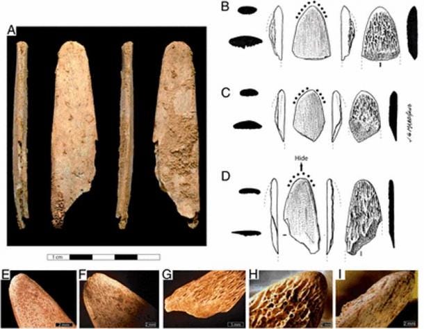 Photographs and drawings of the Abri Peyrony (AP) and Pech-de-l’Azé I (PA I) bone tools