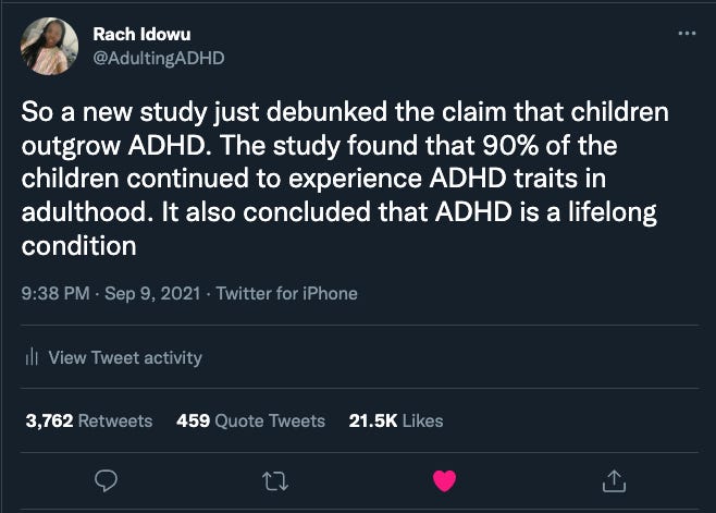 My tweet which reads: ‘So a new study just debunked the claim that children outgrow ADHD. The study found that 90% of the children continued to experience ADHD traits in adulthood. It also concluded that ADHD is a lifelong condition