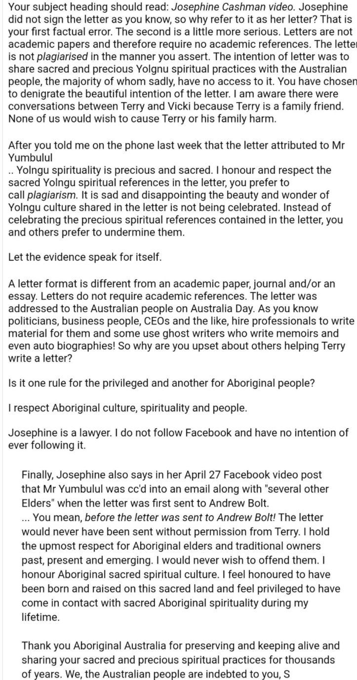Email response to Jack Latimore (NITV now at the Age newspaper) from the person who assisted Terry with the letter